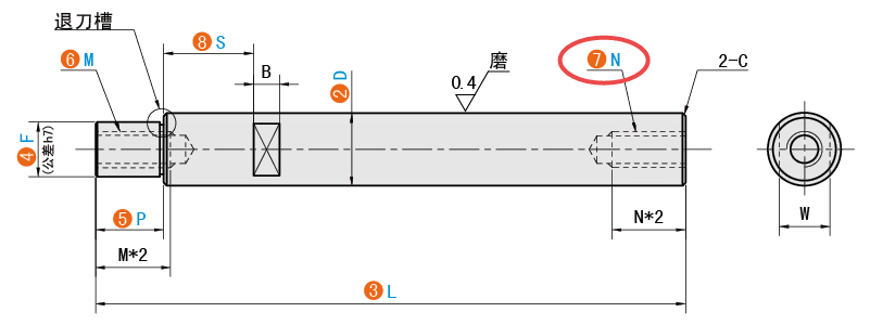 N（右端面螺紋孔）