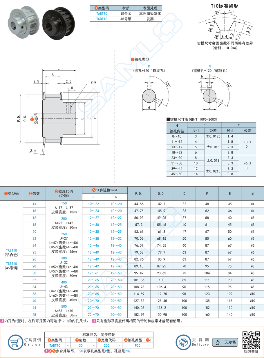 同步帶輪-T10·帶凸肩型規(guī)格參數(shù)