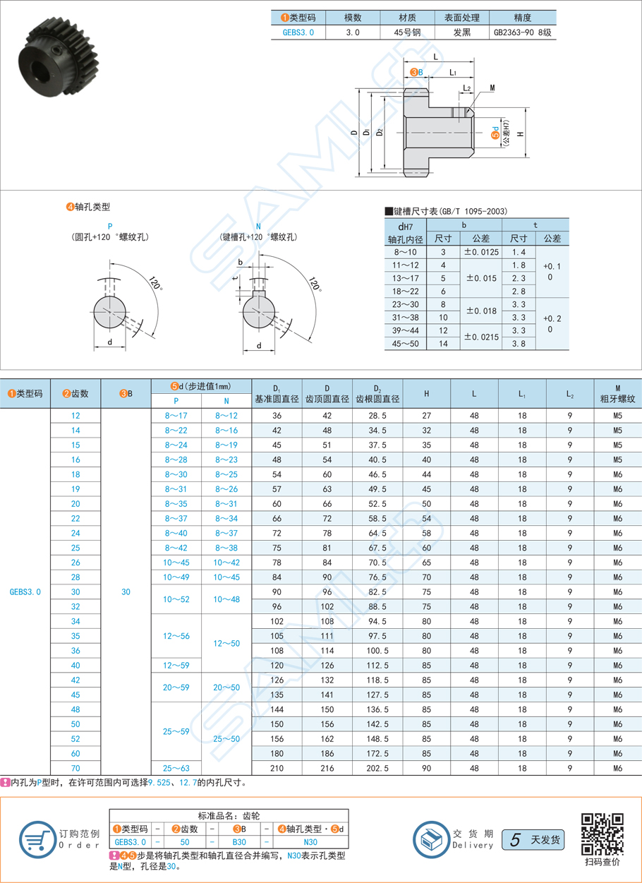 帶凸肩型直齒輪-壓力角20°模數(shù)3.0規(guī)格參數(shù)