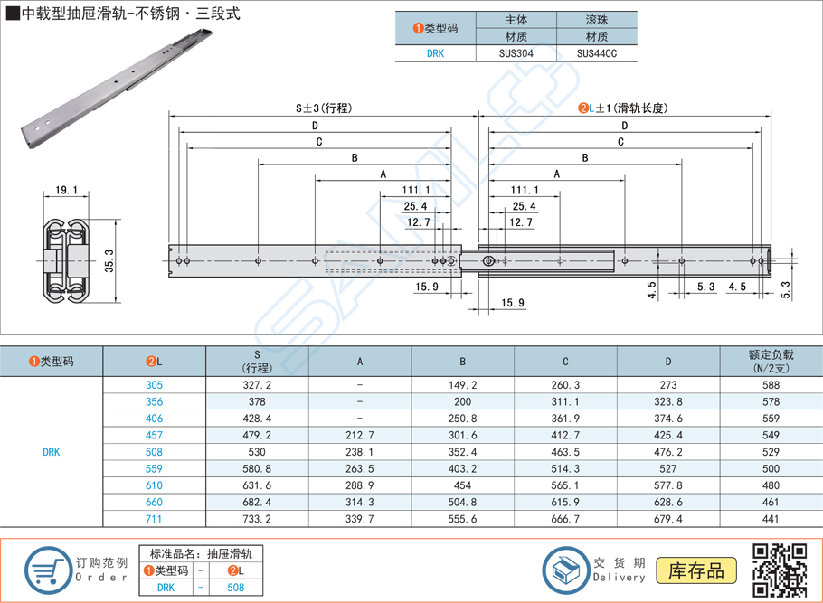 中載型抽屜滑軌-不銹鋼三段式工業(yè)滑軌規(guī)格參數(shù)尺寸材質