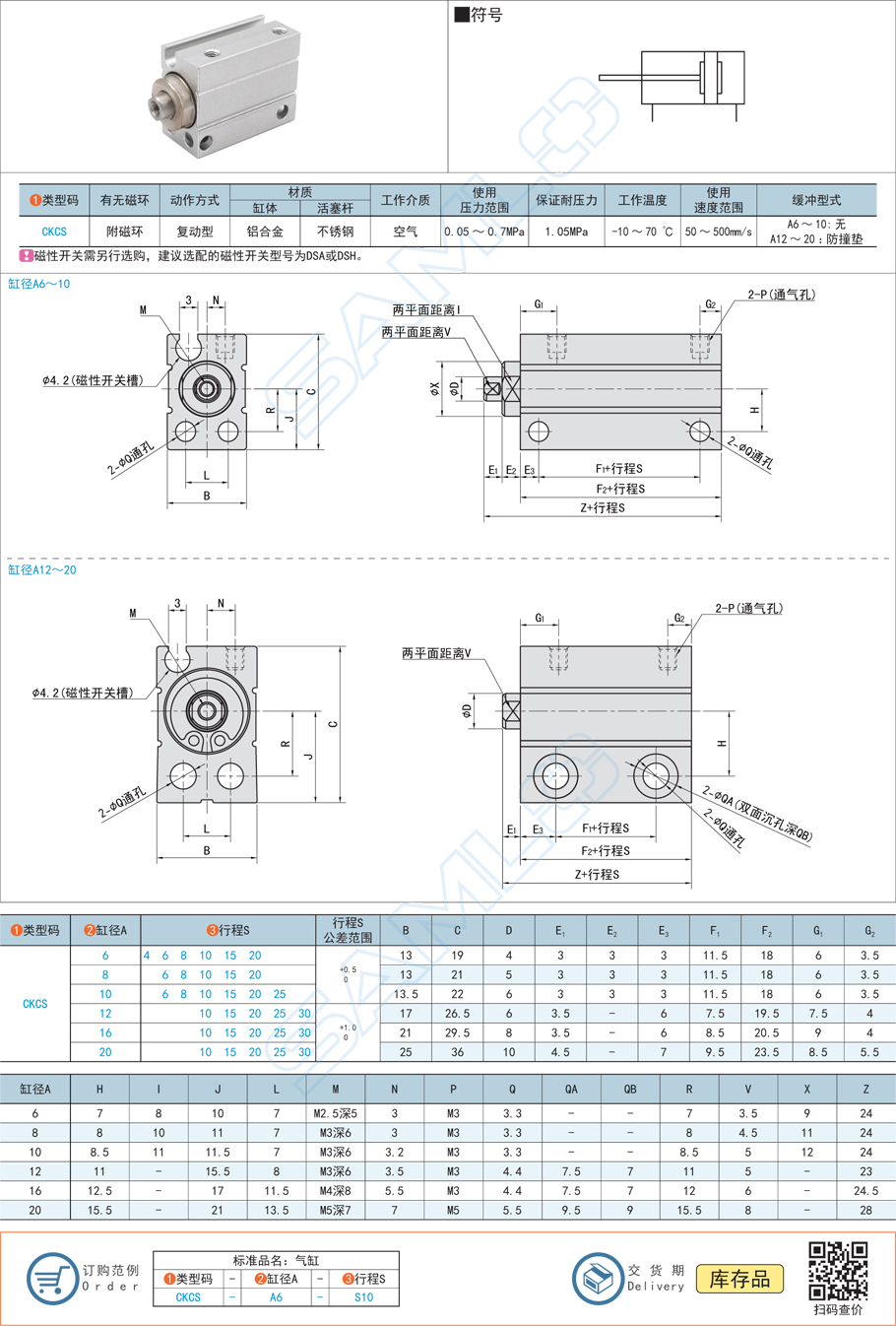 小型自由安裝氣缸CKCS規(guī)格參數(shù)尺寸材質