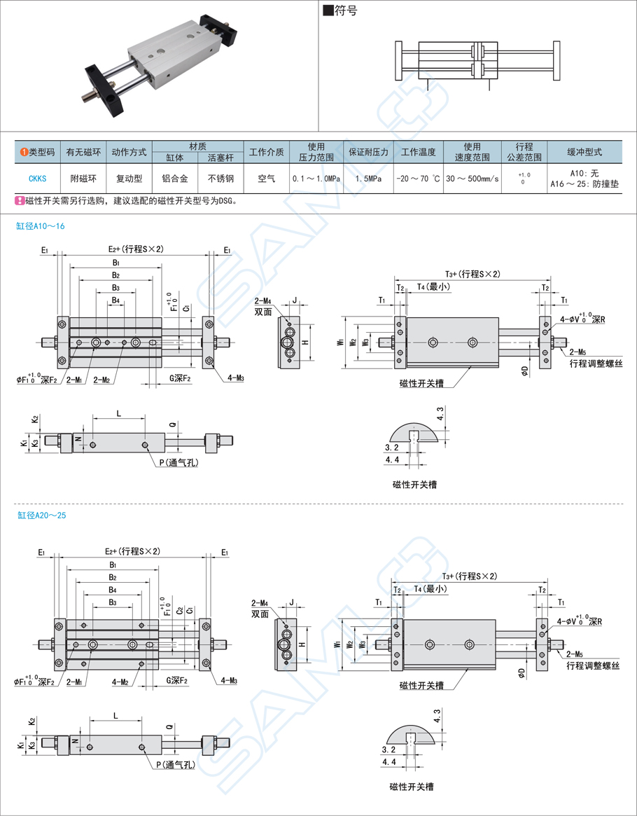 薄型氣缸-帶導桿CKKS規(guī)格參數(shù)尺寸